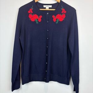 Embroidered Navy Cardigan with Red Floral Design